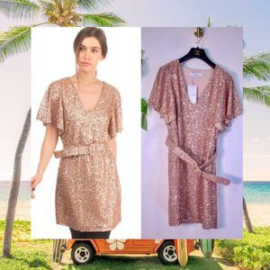 Gold Cocktail Dress MEDIUM Party Tunic Sequin Allover Beaded‎ KAOS NWT